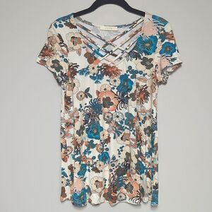 entro Cream Floral V Neck Short Sleeve Shirt